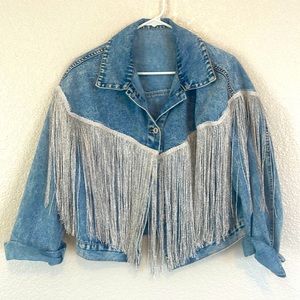 Crop denim fringe jacket